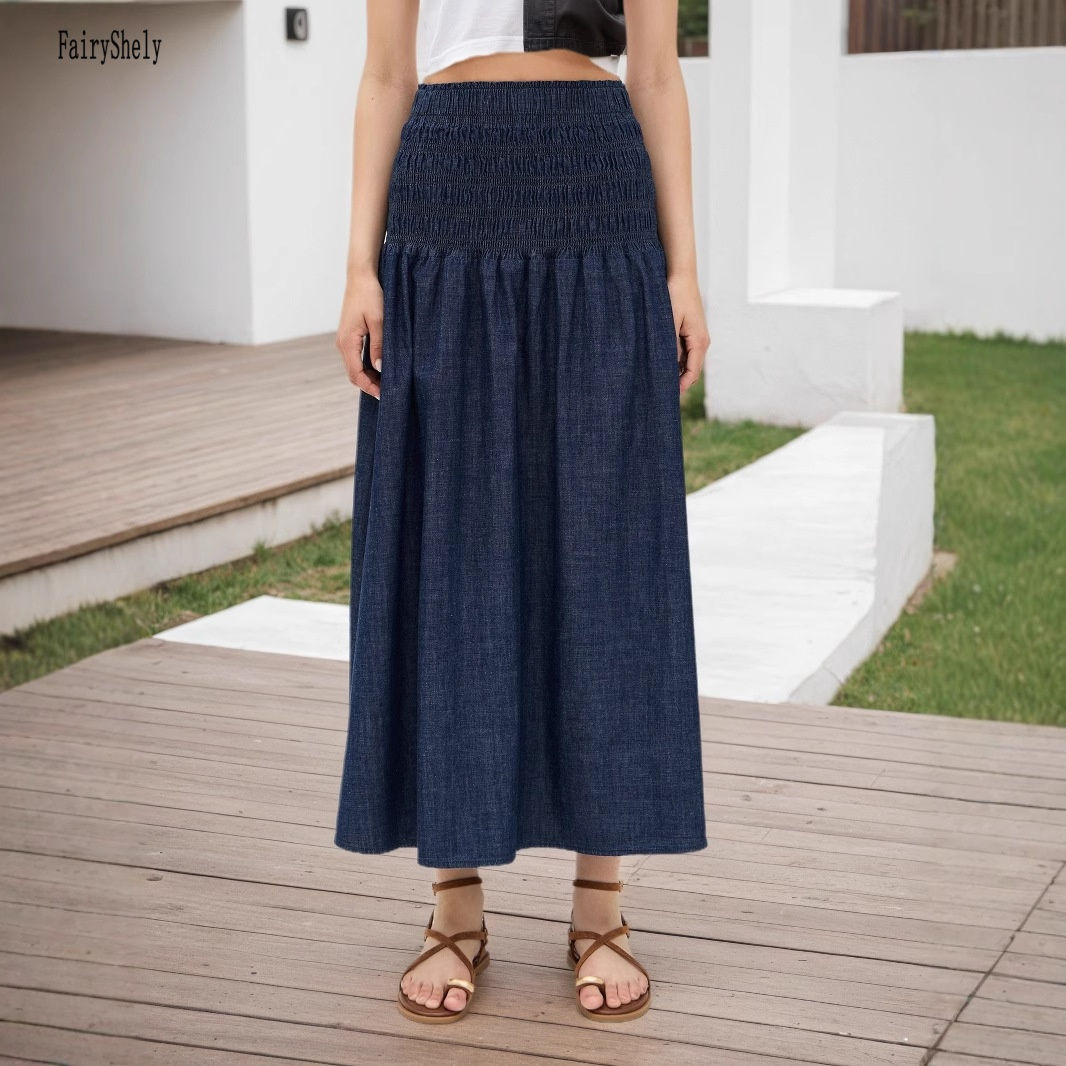 Fairyshely Casual Faux Demin Print Long Skirt Women 2025 Summer Ruffle High Wais