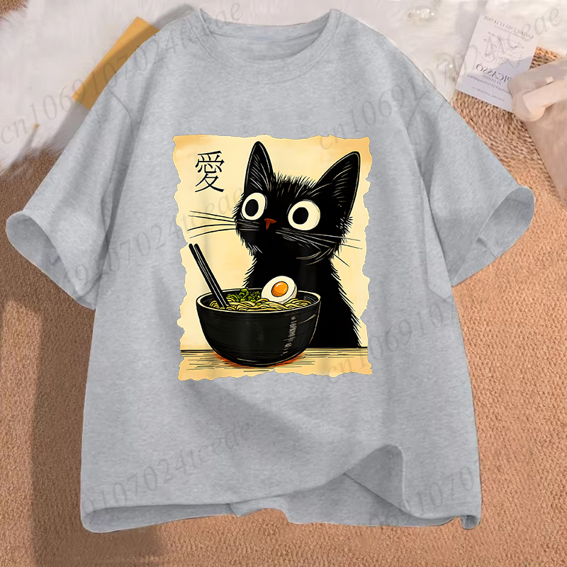 Thumbnail: Funny Cat Ramen Graphic Tee Japanese Kawaii Anime Cat T-Shirt Fashion T-shirts S