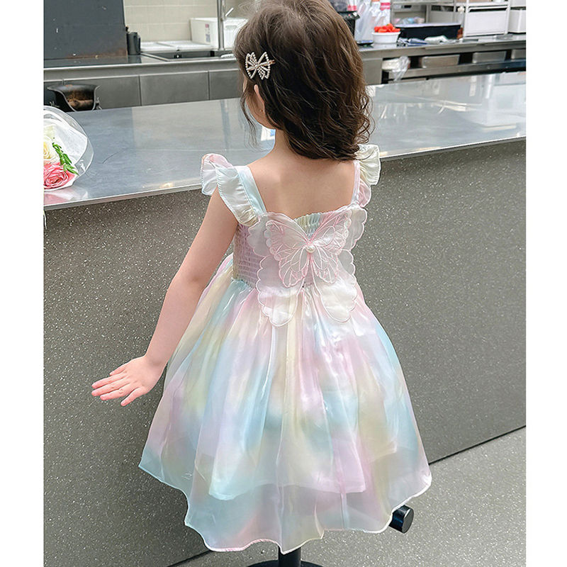 الصورة المصغرة: 1-8 Years Cute Summer Princess Girls Dress Gradient Rainbow Butterfly Decoration