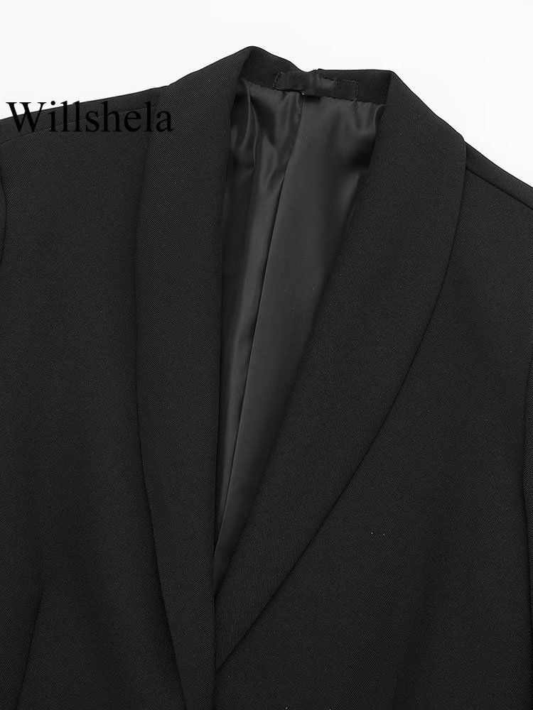 Thumbnail: Willshela Women Fashion Satin Black With Feather Blazer Jacket Vintage Notched N