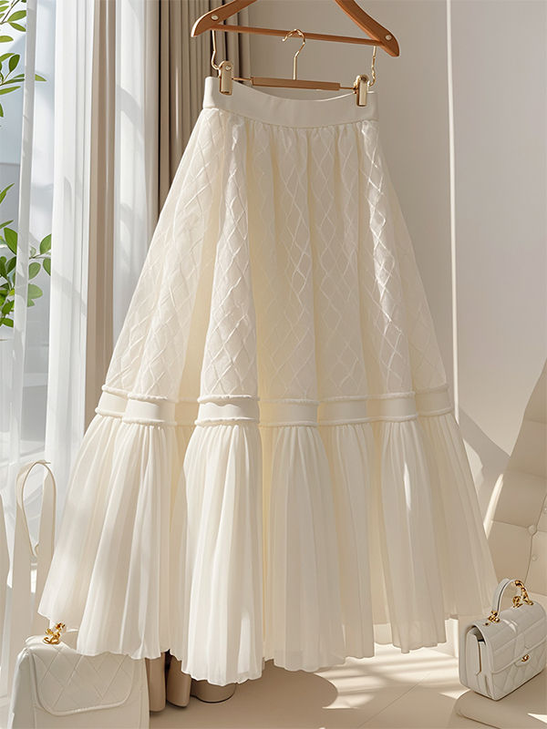 Ele White A-Line Midi Skirt Straight Cut Splice Versatile High Waist Summer New