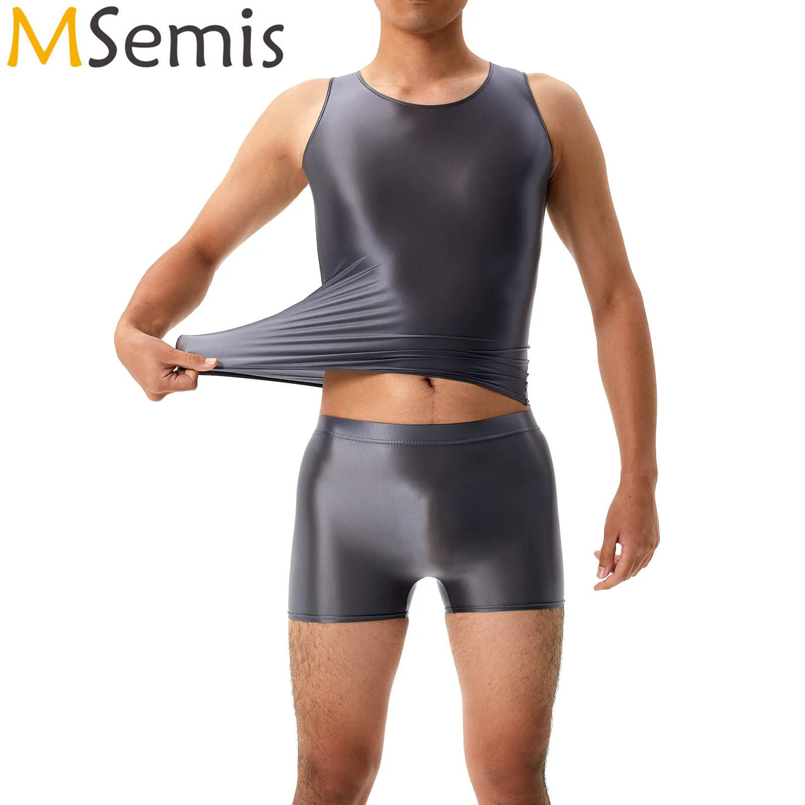Mens Glossy Swimwear Set Sleeveless Round Neck Tank Top with Elastic Waistband S