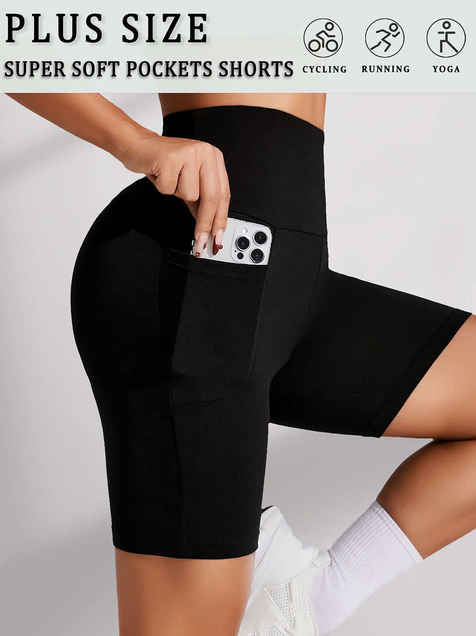 Plus Size High Waisted Biker Shorts For Women With Pockets Super Soft Tummy Cont