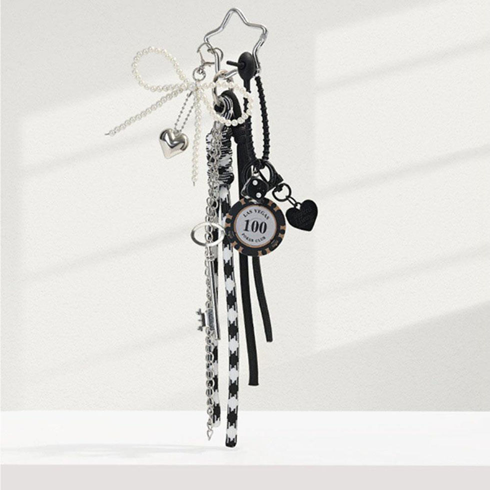 الصورة المصغرة: Ins Glossy Leather Heart Pearl Bow Keyring Y2K Long Tassel Bowknot Keychain Miu 