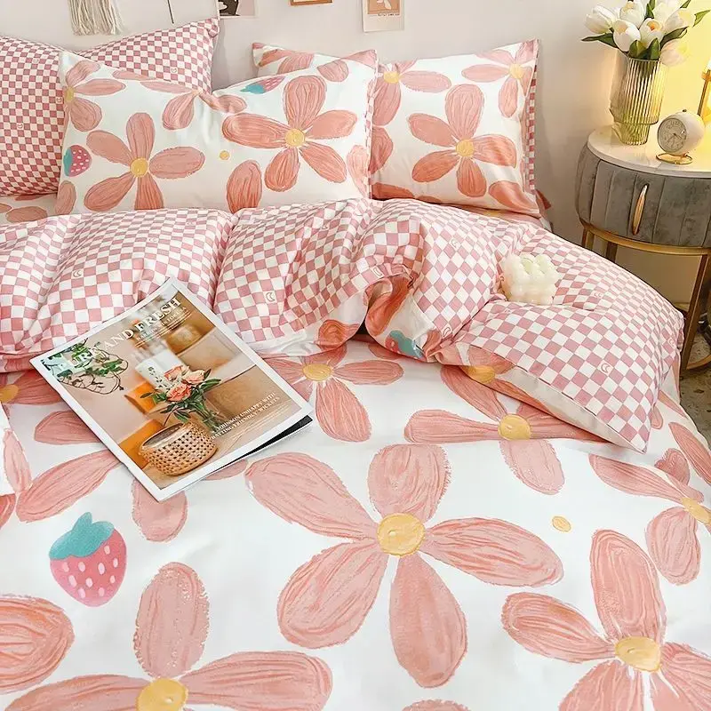 Thumbnail: Pink Floral Bedding Set Soft Ins Single Double Queen Size Duvet Cover Flat Sheet