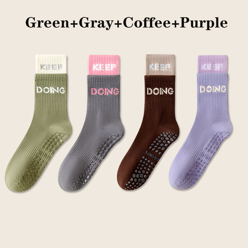 الصورة المصغرة: 4 Pairs Yoga Socks for Women Simple Solid Color Cotton Pilates Socks Mid Calf Si