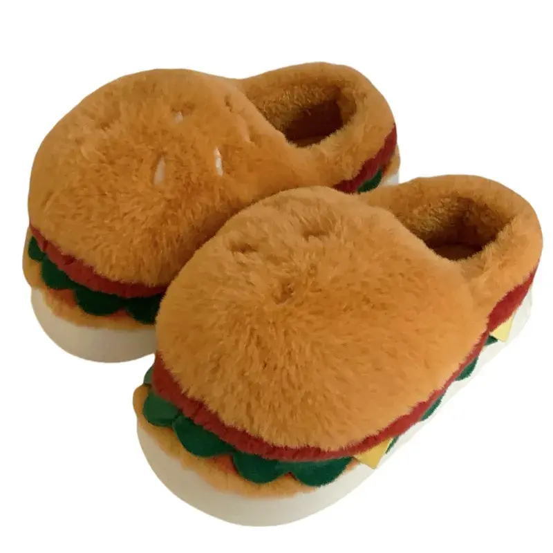 EOFK Fuzzy hamburger shoes Women creative indoor slippers winter Men half shoes