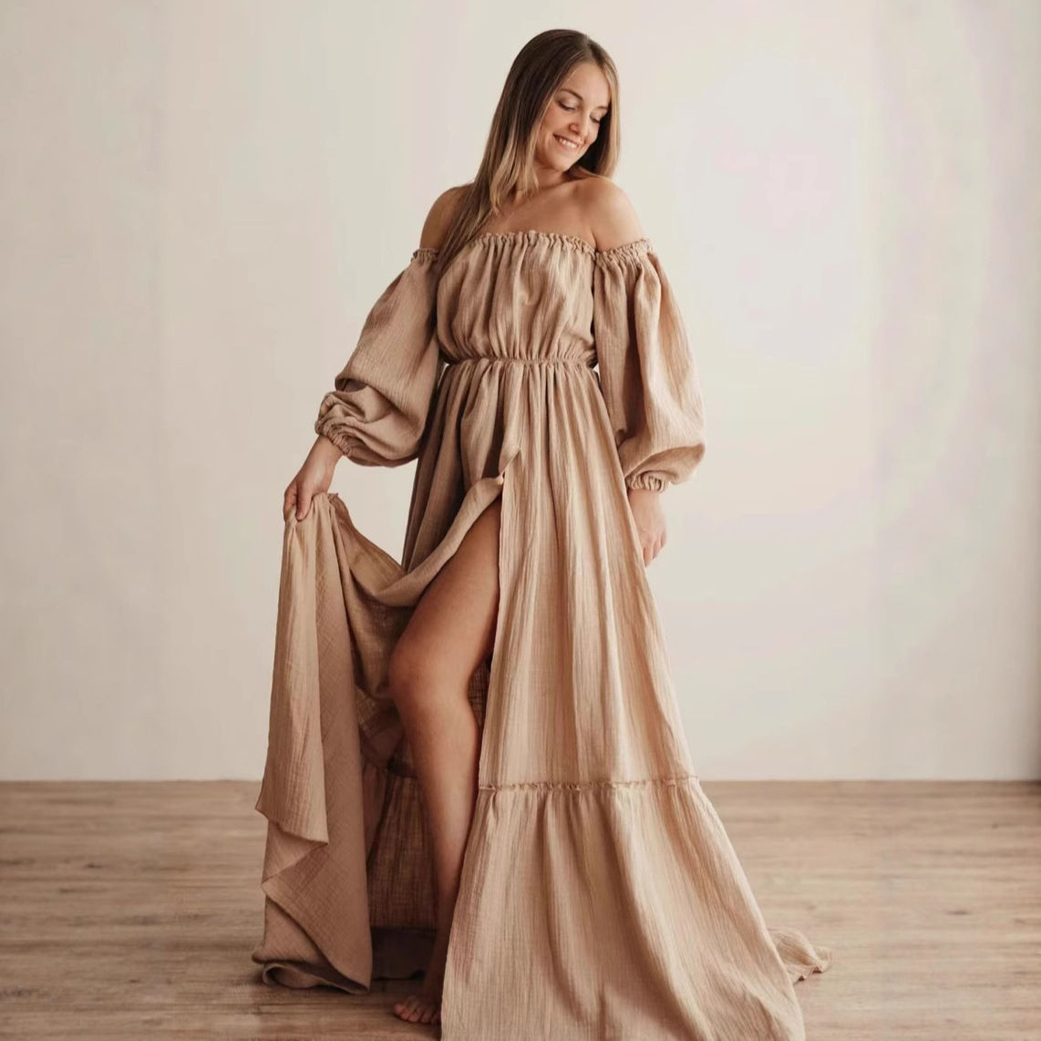 Maternity Photoshoot Dress - Sexy Off-Shoulder Gown Playful Puff Sleeves & Leg-B