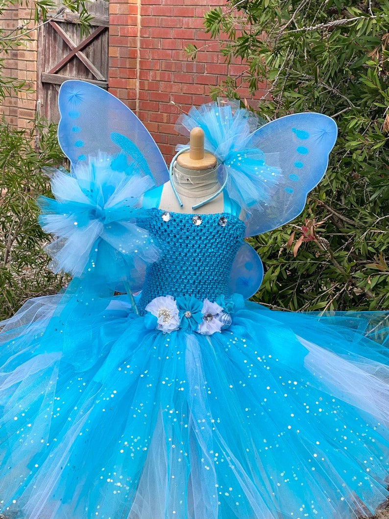 الصورة المصغرة: Girls Blue White Glitter Tutu Dress Kids Flower Fairy Dress with Butterfly Wing 