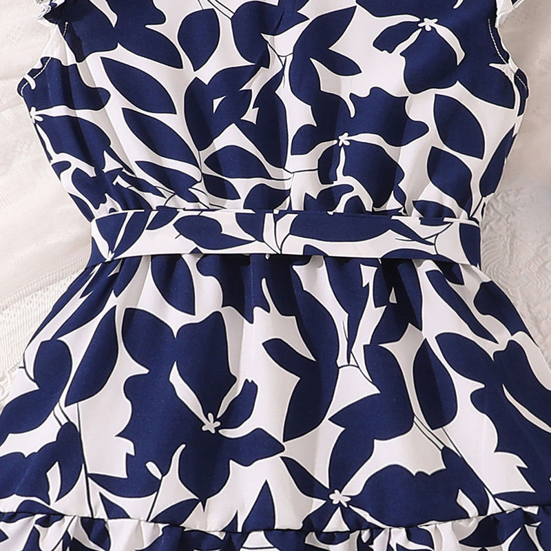 الصورة المصغرة: Royal Blue Leaves Printed Wing-Sleeve Belted Maxi Dress Preteen Girls Dress Vint