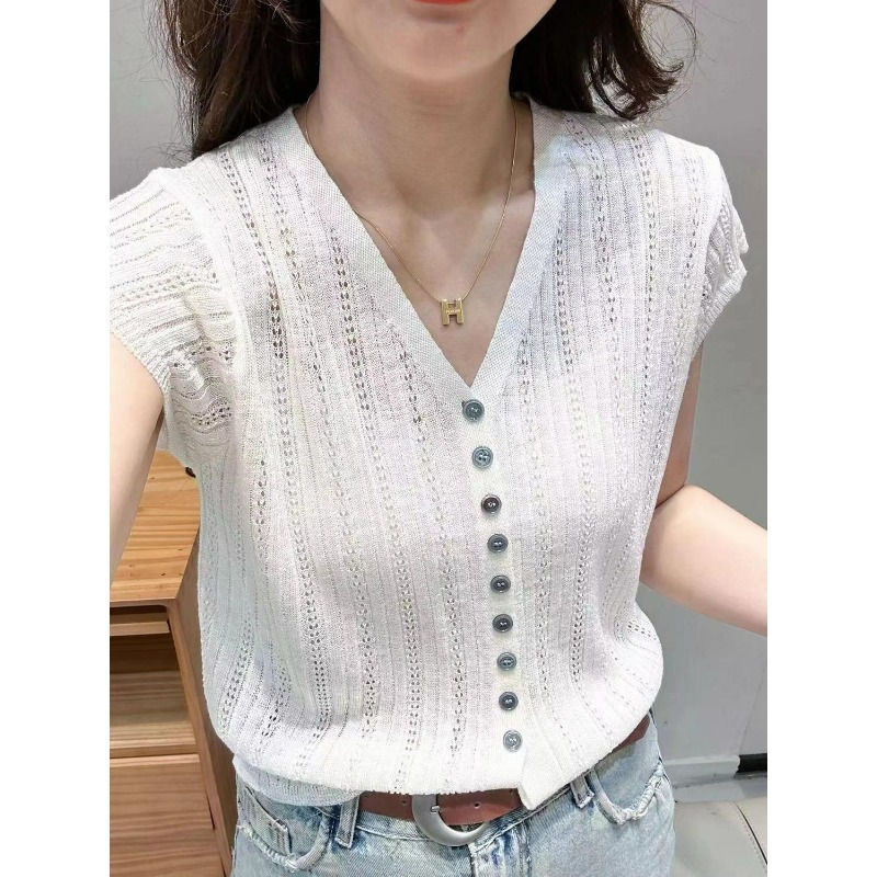 Thumbnail: Hollow Out V-neck Short-sleeved Knitted Cardigan Women's 2024 Summer New Single-
