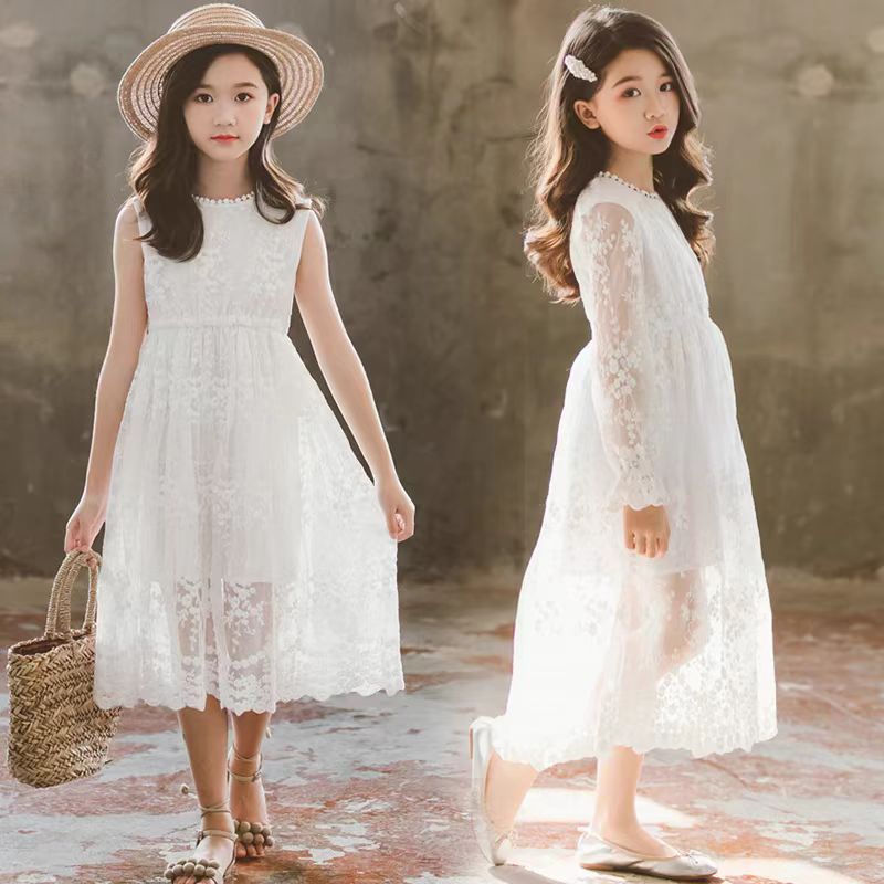 الصورة المصغرة: Girls Spring and Summer Water-Soluble Long-Sleeved Lace Skirt Children's Clothin