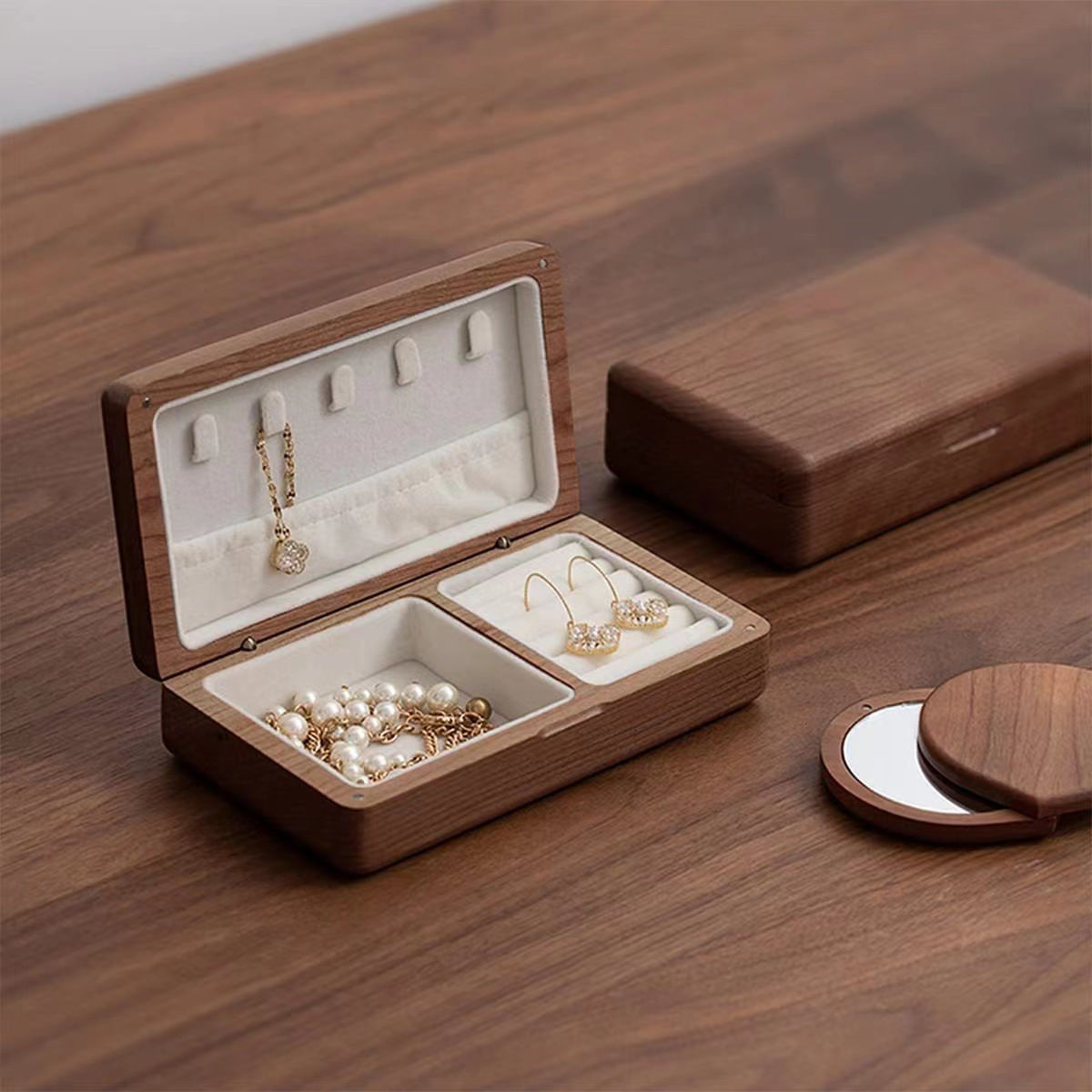 Premium Wooden Jewelry Box - Wedding Ring Holder, Earring & Rings Storage, Elega