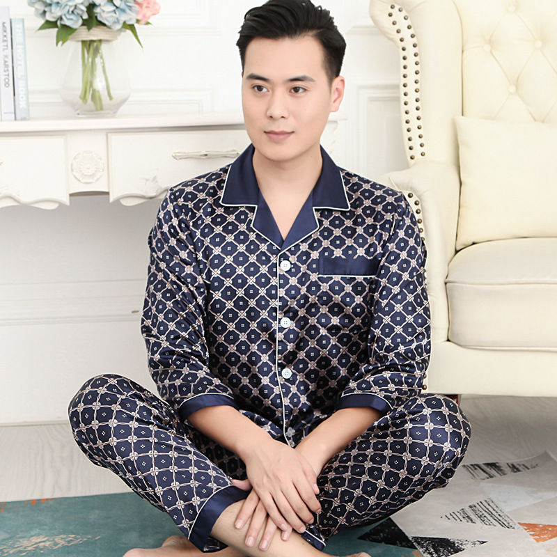 الصورة المصغرة: 3XL Printed Stain Silk Satin Pajamas Men Long Sleeve & Short Sleeve Shorts Silk 