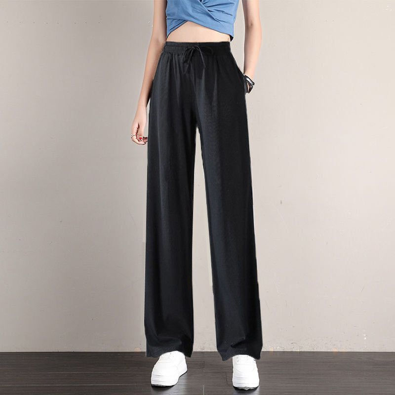 Thumbnail: 1pcs Summer Women Ice Silk Pant Female High Elastic Waist Drawstring Pocket Loos