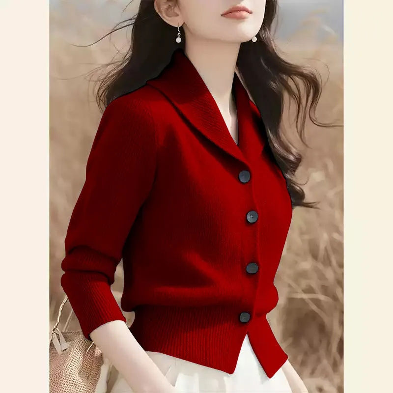 الصورة المصغرة: 2025 New Spring Autumn Turndown Collar High End Women Knitt Cardigan Sweater Fas