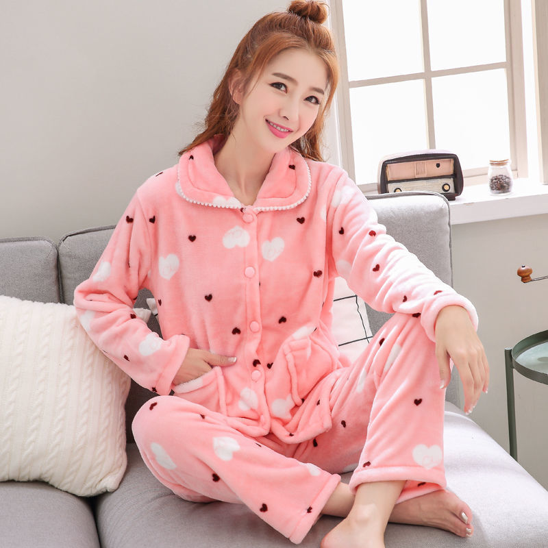 Thumbnail: New Women's Autumn and Winter Warm Pyjamas Homewear Suit Coral Velvet Pajamas Gi