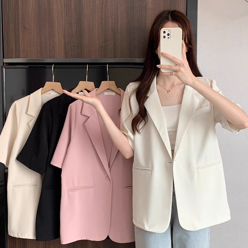 White Short-sleeved Blazer Jacket Women Summer Chic Single Button Notched Collar