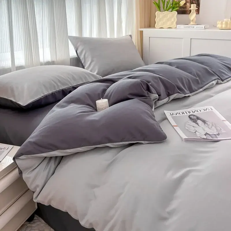 Thumbnail: 2-side Solid Color Brush Fabric Bed Set 4 Pieces Duvet Cover Pillowcase Bedding 