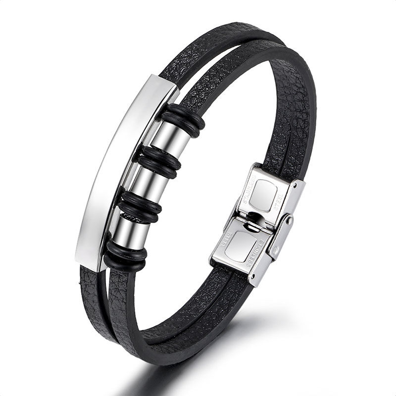 الصورة المصغرة: Genuine Leather Bracelet for Men Hip Hop Stainless Steel Charm Leather Wrap Brac