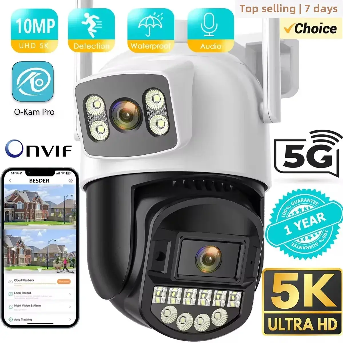 BESDER 5K 10MP WiFi Surveillance Camera 5Ghz Dual Lens Real-time intercom AI Hum