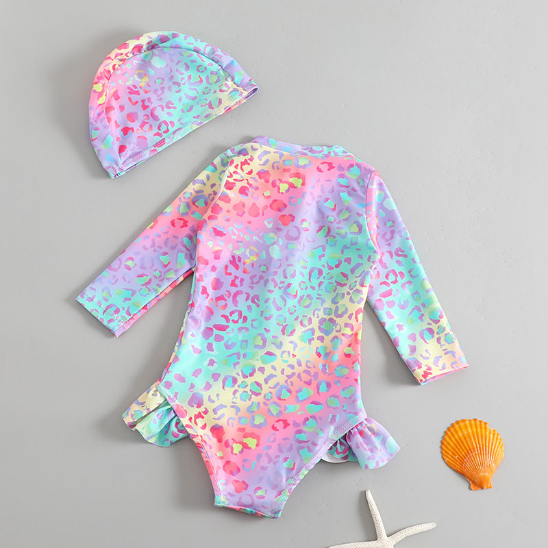 الصورة المصغرة: Toddler Girls Swimsuit with Sun Hat Set 1 to 2 3 4 5 6 Years Leopard Ruffle Slee