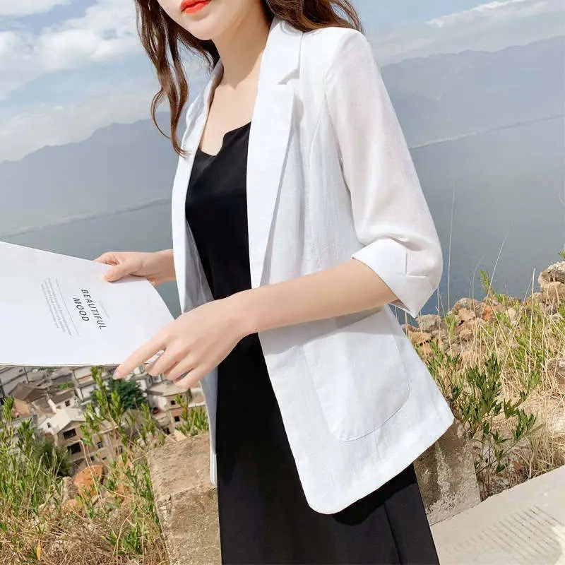 الصورة المصغرة: Women Cotton Linen Blazer 2024 New Summer Short Suit Jacket Korean Casual Summer
