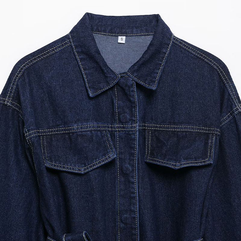 الصورة المصغرة: Willshela Women Fashion With Belt Denim Blue Single Breasted Jackets Vintage Lap