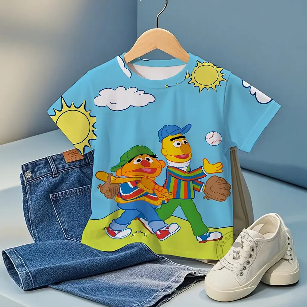 الصورة المصغرة: Adorable Sesame Street Cartoon T-Shirt Summer Fashion For Boys Girls Kids 3D Pri