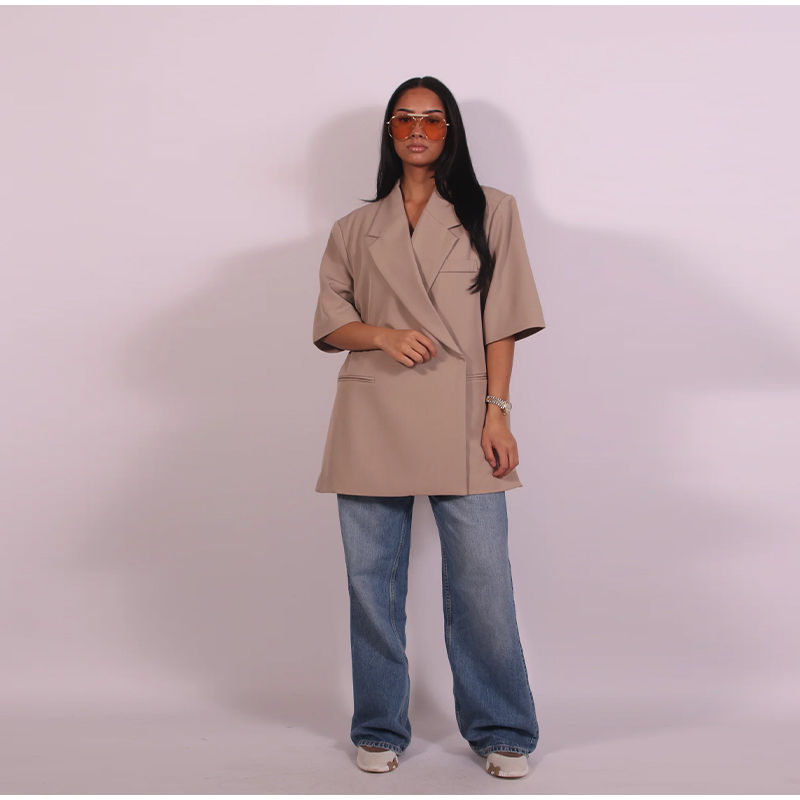 الصورة المصغرة: Casual One Button Blazers Women Loose Solid Lapel Half Sleeve Pockets Suit Jacke