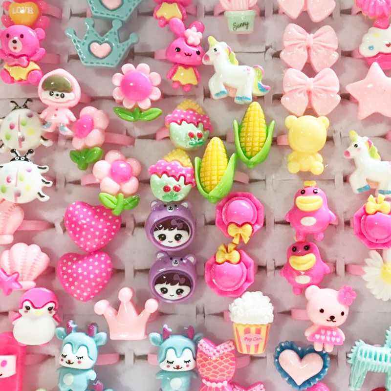 الصورة المصغرة: 12Pcs Lovely Children's Cartoon Kawaii Resin Rings Kid Baby Girl Fruit Animal Fl
