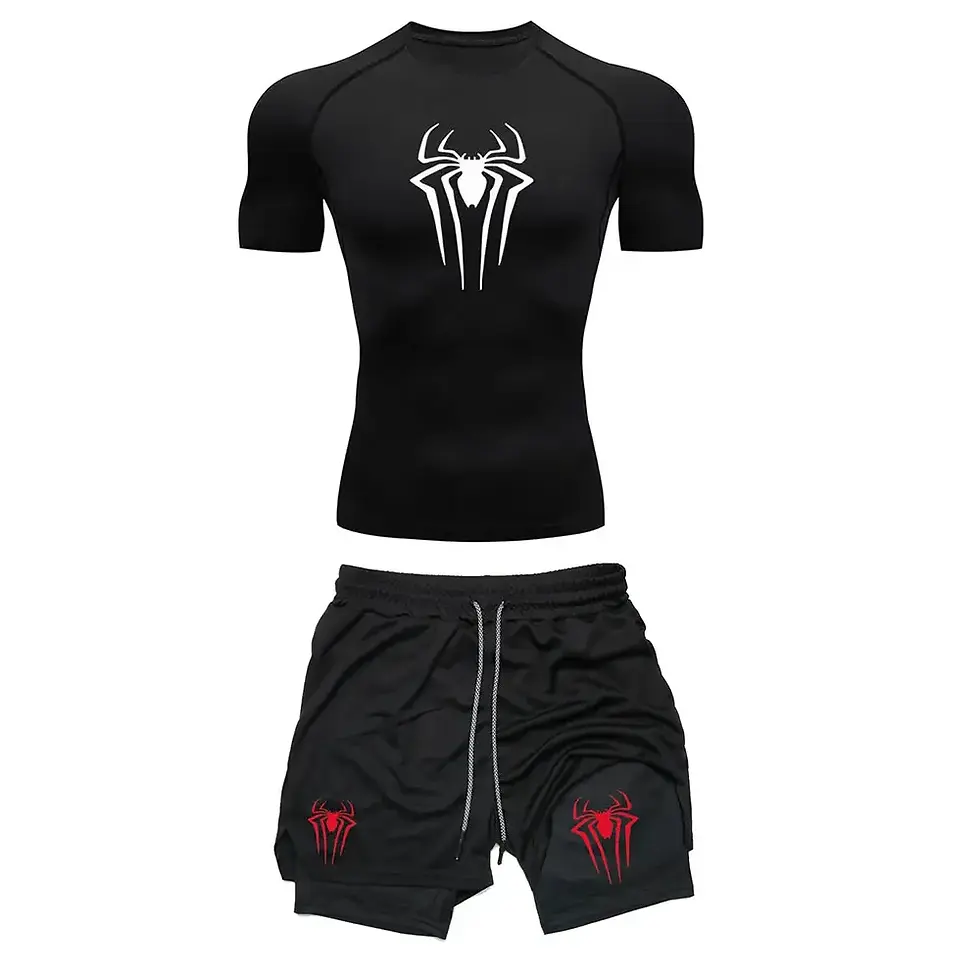 الصورة المصغرة: Men's Workout Compression Set Y2K Spider Printed Gym Tshirts Breathable Running 
