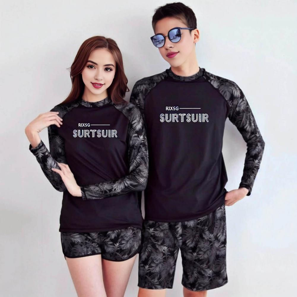 2 Pcs Couple Sport Swimsuit Breathable Leaf Print Long Sleeves Couple Surfing Cl
