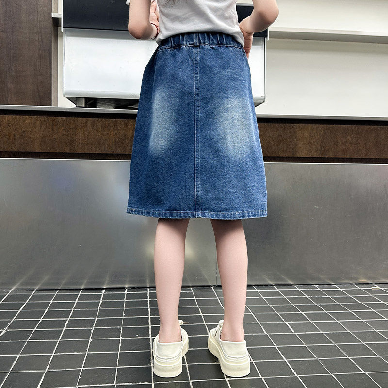 الصورة المصغرة: Summer Children vintage Denim Skirt for Teen Girl Fashion Pencil Skirts with Bow