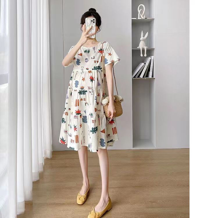 Maternity Summer Short-Sleeved Dresses Pregnancy Tide Mom Personality Long Dress