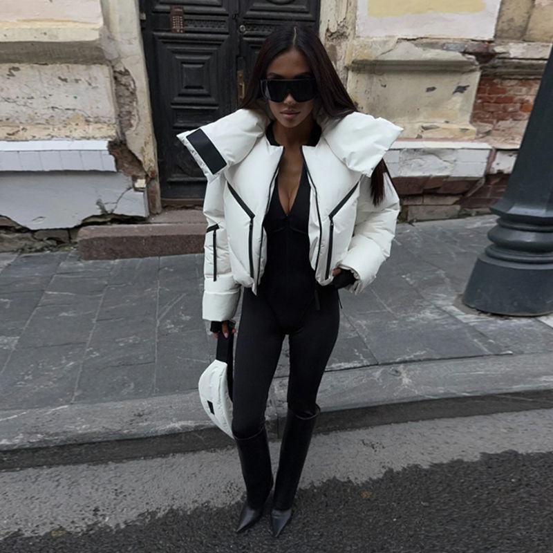 Thumbnail: Elegant Contrast Stand Collar Cotton Jacket Women Chic Thicken Zipper Full Sleev