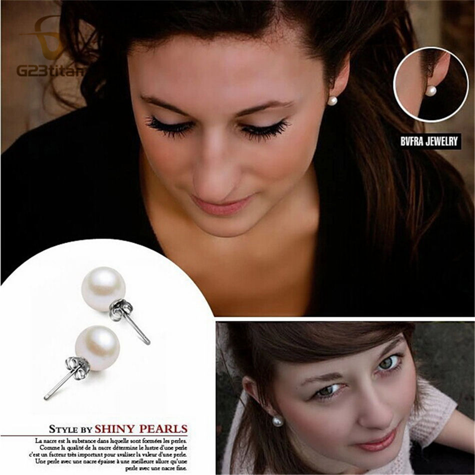 الصورة المصغرة: 4-10mm Natural Pearl Ball Earrings Hypoallergenic Titanium Stud Earring Fit Firs