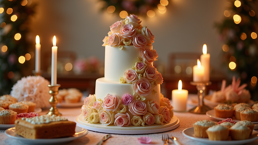 Wide angle view of a festive event table featuring a custom cake as the centerpiece