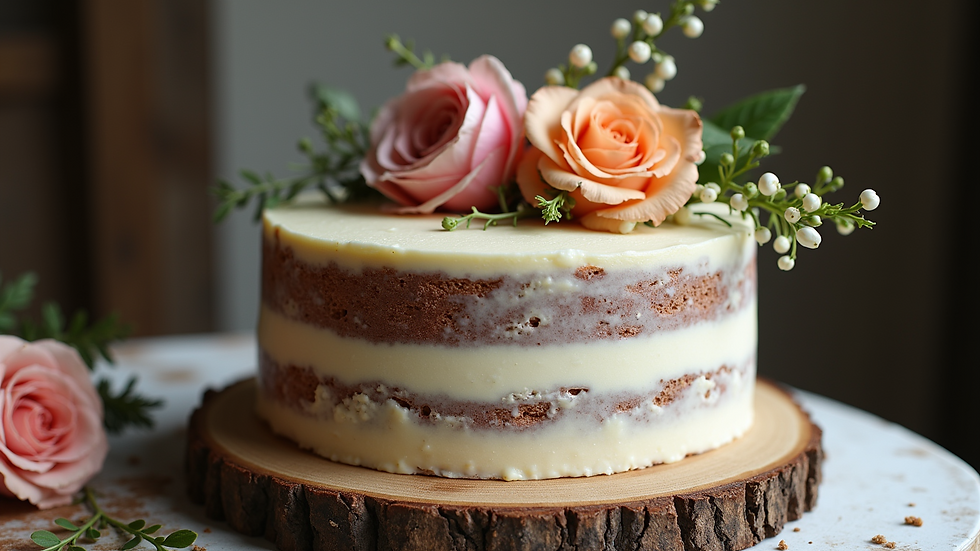 High angle view of a rustic wedding cake adorned with fresh flowers