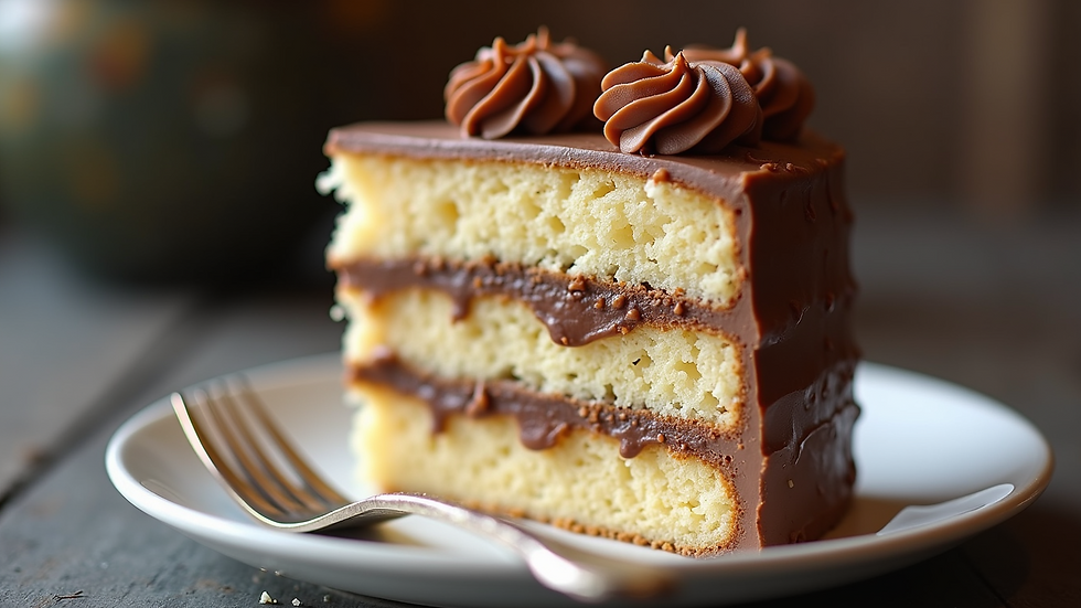 Close-up view of a slice of layered wedding cake with chocolate and caramel filling