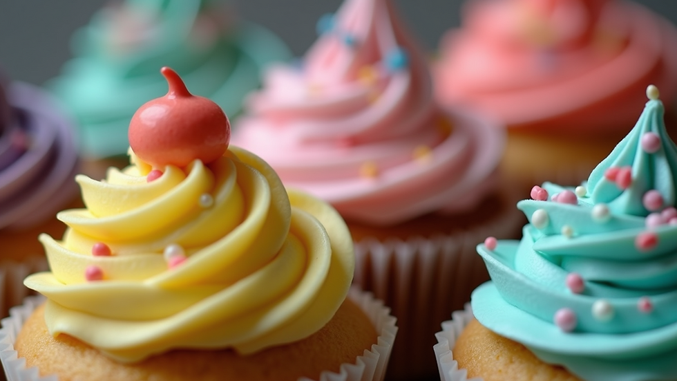 Close-up view of a beautifully decorated cupcake with colorful frosting