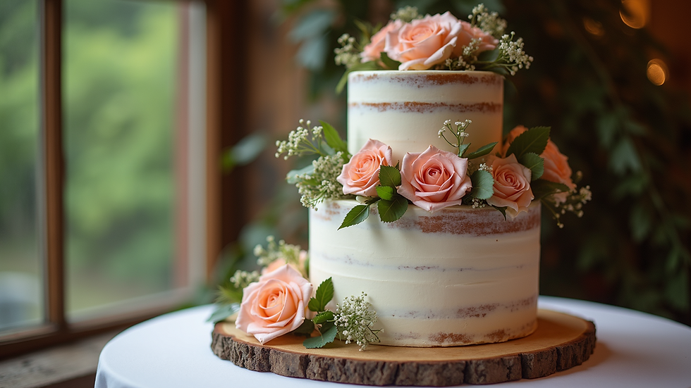 Eye-level view of a three-tier rustic wedding cake decorated with fresh flowers