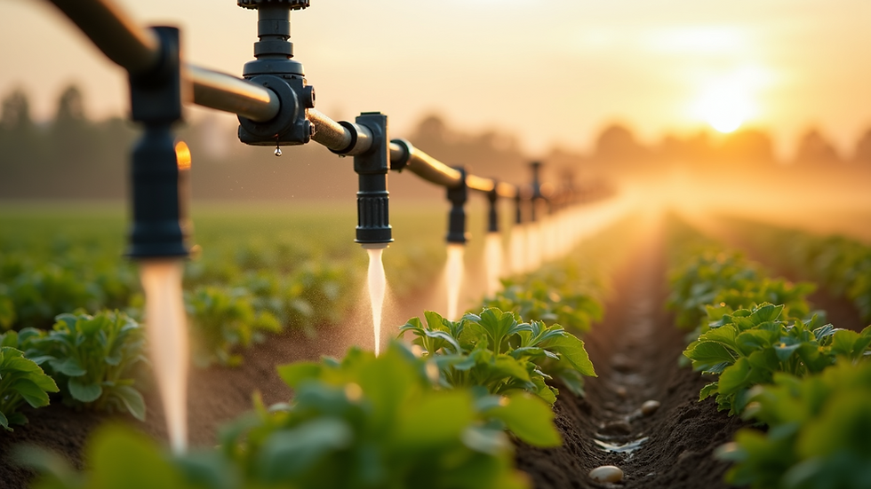 Eye-level view of a drip irrigation system watering crops in a field