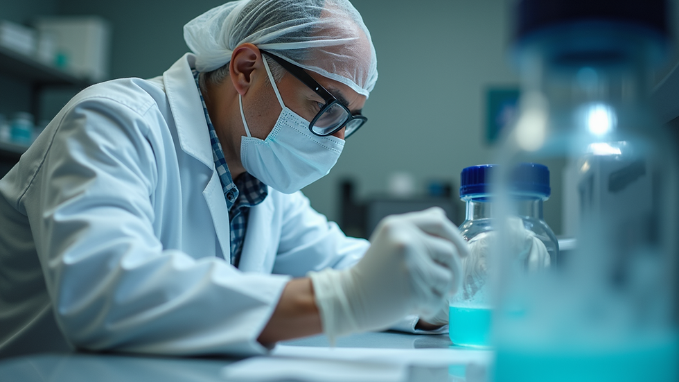 Eye-level view of laboratory technician analyzing asbestos samples