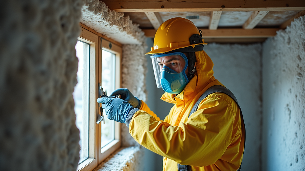 High angle view of a worker in protective gear removing asbestos insulation