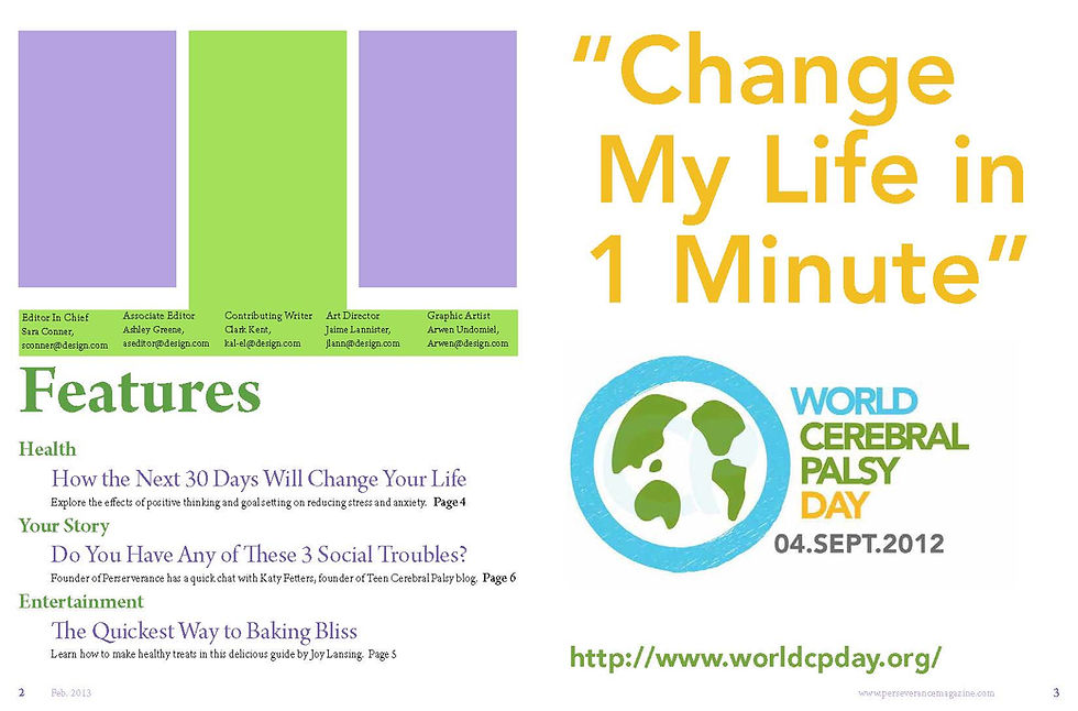 Interior page spread of a student magazine about Cerebral Palsy
