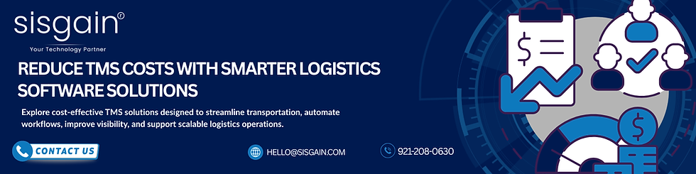 Sisgain banner for TMS logistics software, with Contact Us, email hello@sisgain.com, phone 921-208-0630, and finance icons.