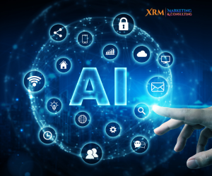 La imagen muestra el concepto de Inteligencia Artificial (IA) aplicado a la automatización digital. Con íconos representando diversas funciones como redes sociales, seguridad, análisis de datos y comunicación, refleja el poder de la IA para transformar procesos en el mundo digital.