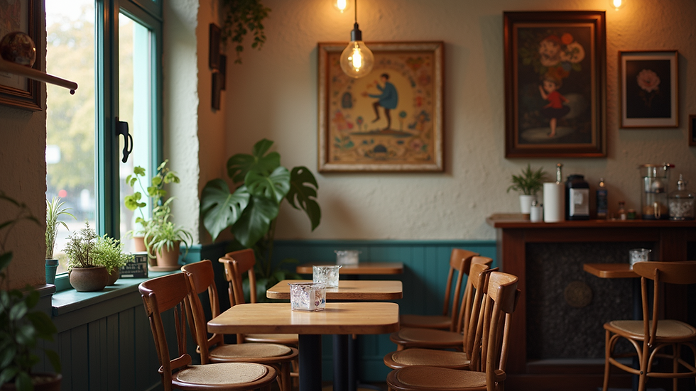 Eye-level view of a quaint café with soft lighting and eclectic art