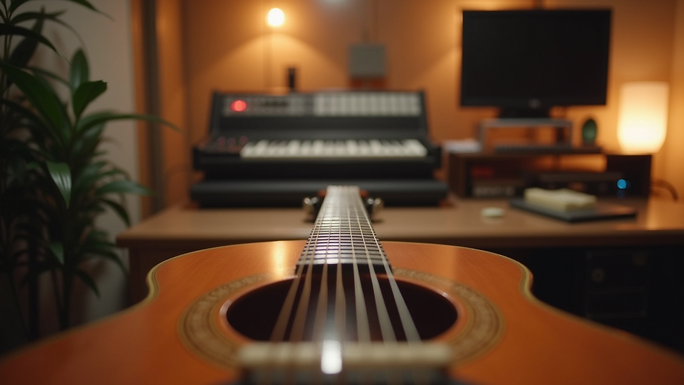 Eye-level view of a peaceful music studio with an acoustic guitar